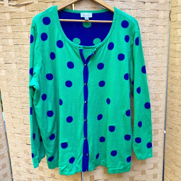 Quacker Factory Women 2X Sweater Green Blue Polka-Dot Cardigan With Attached Top - Picture 1 of 7